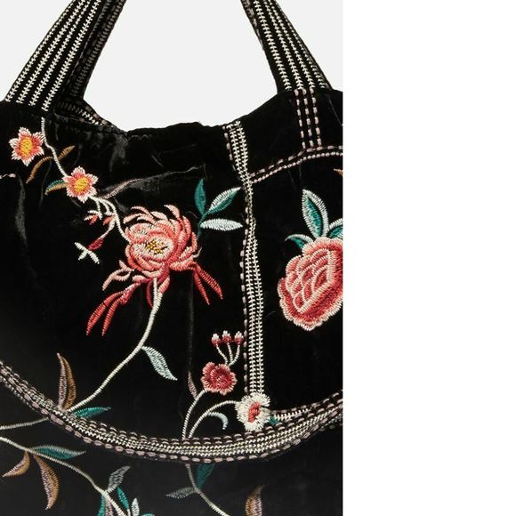 Johnny Was Uriah Velvet Handbag Black Embroidery Flower Tote Bag Large Purse NEW - Picture 4 of 4